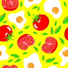 Fried egg and tomato fruit whole and half slice on yellow background seamless pattern. Vector illustration.
