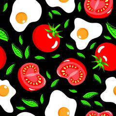 Fried egg and tomato fruit whole and half slice on black background seamless pattern. Vector illustration.