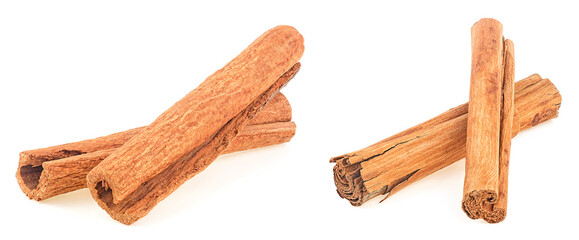 Aromatic cinnamon sticks isolated on a white background. Cassia and Ceylon cinnamon sticks.