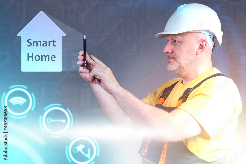 Poster smart home system installation. man is installing a smart home technology. man in uniform next to sm