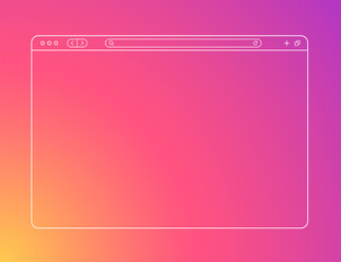 Outline browser mockup on orange pink gradient backdrop. Abstract browser interface, empty web page.