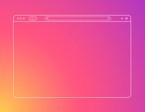 Outline browser mockup on orange pink gradient backdrop. Abstract browser interface, empty web page.