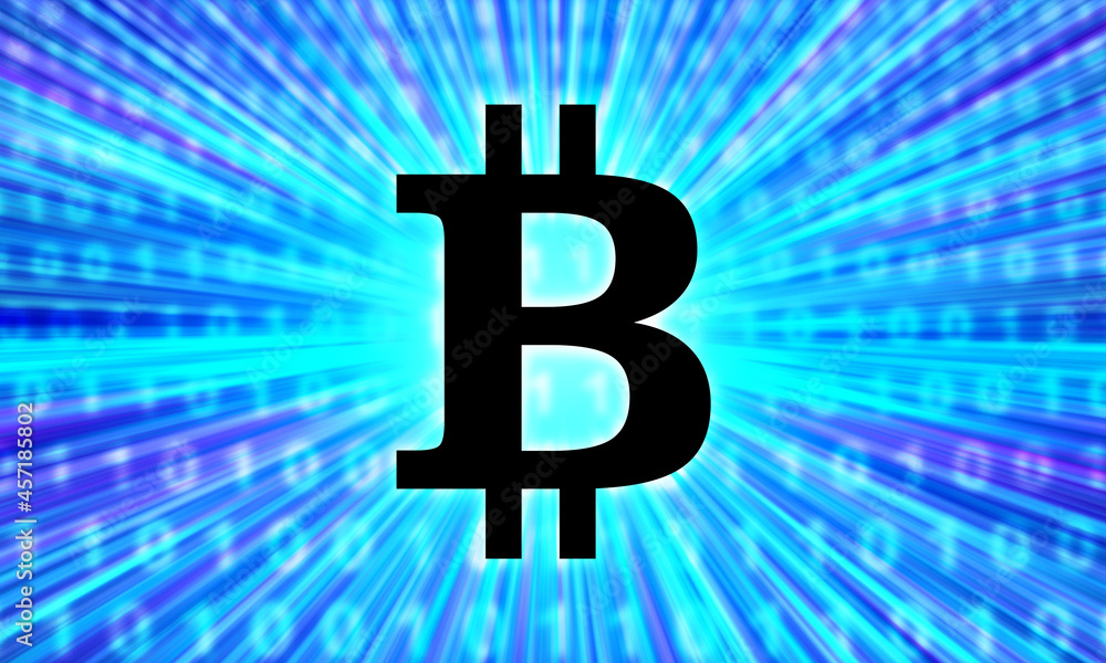 Poster bitcoin logo. cryptocurrency symbol on a blue background. bitcoin trading concept. binary code as a 