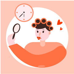 Vector illustration of a pink card with a girl admiring herself. The girl has a mirror in her hands. Personal care. The girl likes the way she looks. Body positive. 