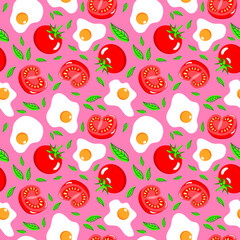 Fried egg and tomato fruit whole and half slice on pink background seamless pattern. Vector illustration.