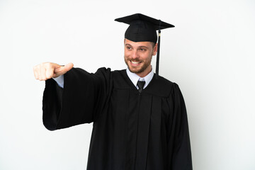 Young university Brazilian graduate isolated on white background giving a thumbs up gesture