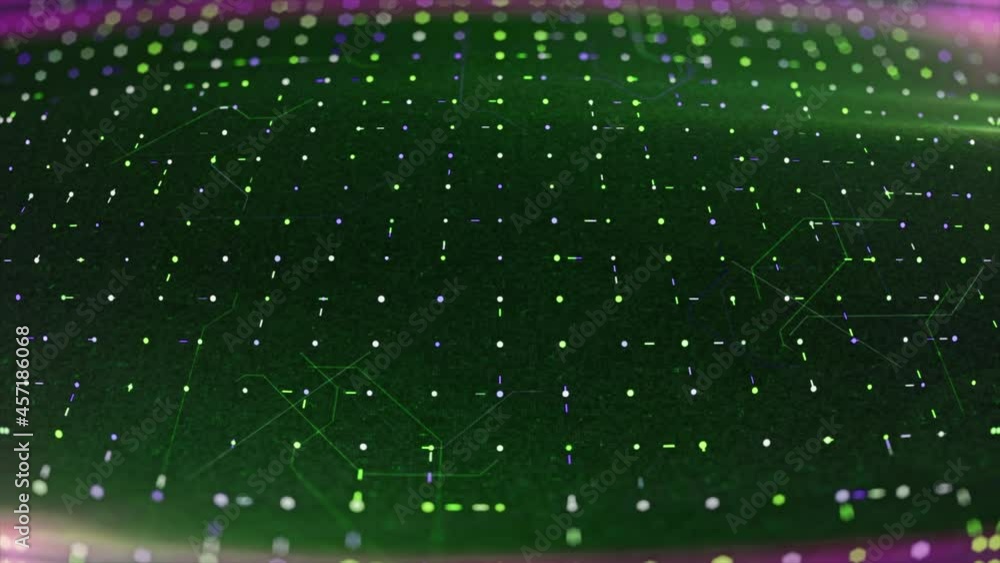 Poster moving energy points in computer board. animation. computer field with glowing dots and moving lines