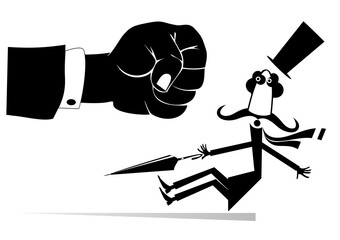 Punch fist and confused falling man. 
Concept illustration. Big fist beats a falling man in the top hat with umbrella black on white
