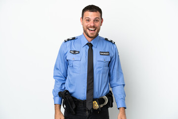 Young police Brazilian man isolated  on white background with surprise facial expression