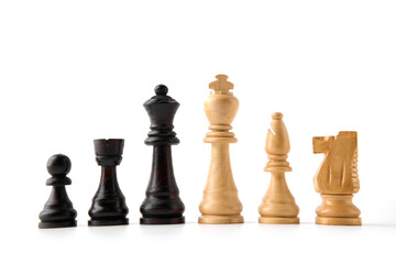 Vintage chess board with checkers, pawns, knights, rooks, bishops, queen and king, black and white colors. Chess board game for ideas and competition and strategy, business success concept.