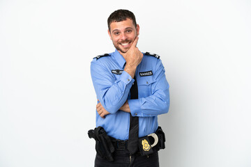 Young police Brazilian man isolated  on white background happy and smiling