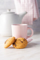 Sweet chocolate cookies. Tasty biscuits and coffee cup
