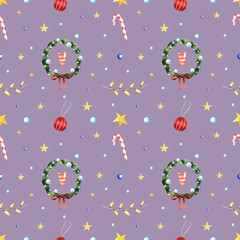 Seamless pattern with a Christmas wreath and decorations on a purple background. Watercolor illustration. Happy New Year. Stars. Holiday. Winter. Snow. Beautiful. Handmade work. Sweets. Cute. Cosy.