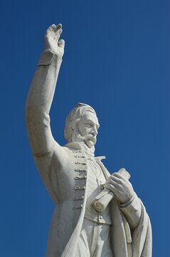 Statue of Ludovit Stur, most famous 19th century Slovak writer, politician and author of Slovak language standard, located in Modra, Western Slovakia. Blue skies in background, summer daylight.