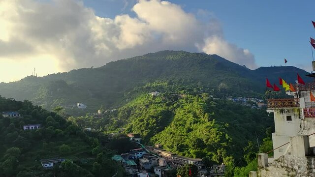 Hanuman Temple on a hill in the foothills of the Himalayas. A village in the tropics of India