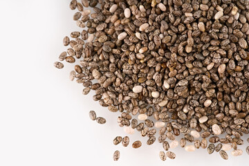 Chia seeds isolated with white background. Pile of healthy chia seeds background.