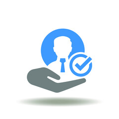 Vector illustration of hand holding businessman icon with check mark. Symbol of job resume worker approved, recruitment, HR. EAP Employee Assistance Program Icon.
