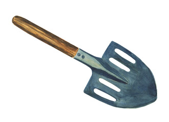 Blue Shovel for garden work isolated on white background. Watercolor hand drawing illustration. Perfect for print, poster, garden design.