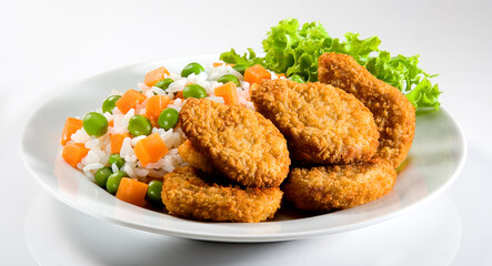 Porção de nuggets de frango, arroz com legumes e alface em prato no fundo branco para recorte. 