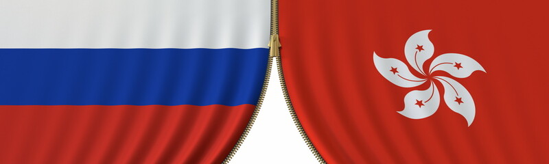 Russia and Hong Kong political cooperation or conflict, flags and closing or opening zipper, conceptual 3D rendering