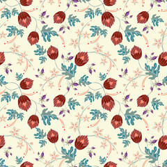 Stylish seamless pattern with red and beige flowers, purple buds, exotic leaves on a white background. Repeating design for decor, tile, cover, paper, packaging, wallpaper, textile, print