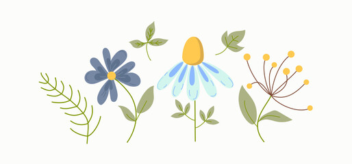 Set of abstract flowers. Drawn plants and leaves. Vector illustration with isolated background.