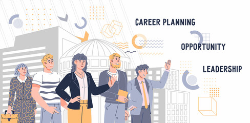 Website banner on topic of career planning and business opportunity with business team characters. Landing web page template on leadership and professional financial success, vector illustration.