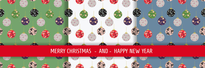 Naklejka premium Set of stylish New Year templates with Christmas balls. Suitable for holiday background, fabric, cover, stickers, banner, greeting card, wrapping paper. Repeating vector illustration, seamless pattern