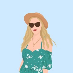 Blond girl in hat and sunglasses. Smiling pretty young woman in green dress. Simple flat lay illustration, icon 