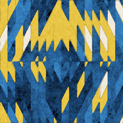 Seamless abstract vibrant blue and yellow pattern for print. High quality illustration. Textured background effect graphic motif. Vivid party glowing effect. Seamless repeat raster jpg pattern print.