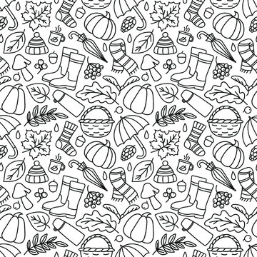 Seamless pattern with autumn doodles. Contour image of fallen leaves, pumpkins, mushrooms, rubber boots, basket, acorn Background with black drawings for seasonal natural decor. Vector fall ornament