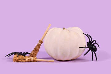 Small white Baby Boo pumpkin with Halloween spiders and brooms on violet background