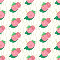 Vector seamless pattern with hibiscus flowers and palm leaves. Tropical flower pattern for printing on fabric. Floral print for wrapping paper