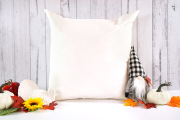 Throw pillow cushion product mockup. Thanksgiving farmhouse theme with gnome, turkey, white...