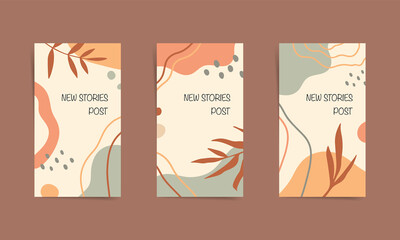 Social media stories banners design set. Autumn design for new stories. Fall design with geometric shapes, leaves and lines in orange, brown and beige colors. Creative illustration with dynamic print.