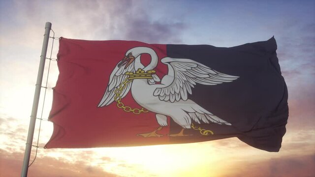 Buckinghamshire flag, England, waving in the wind, sky and sun background