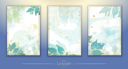 Set of backgrounds. Luxurious golden wallpaper. White background and blue watercolor, beautiful golden birch leaves with a shiny light texture. Modern art mural wallpaper. Vector illustration.
