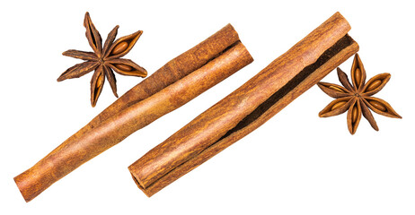 Cinnamon sticks and anise star isolated on white background. top view