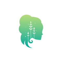 Girl's head with leaves. Relationship and psychology logo isolated on white.