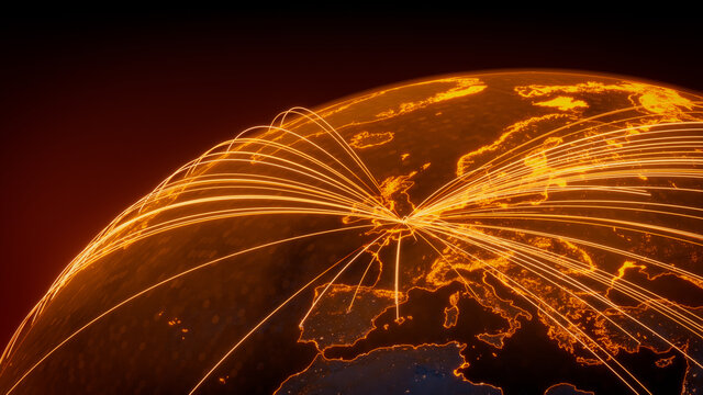 Futuristic Neon Map. Orange Lines connect London, UK with Cities across the Globe. Global Travel or Business Concept.