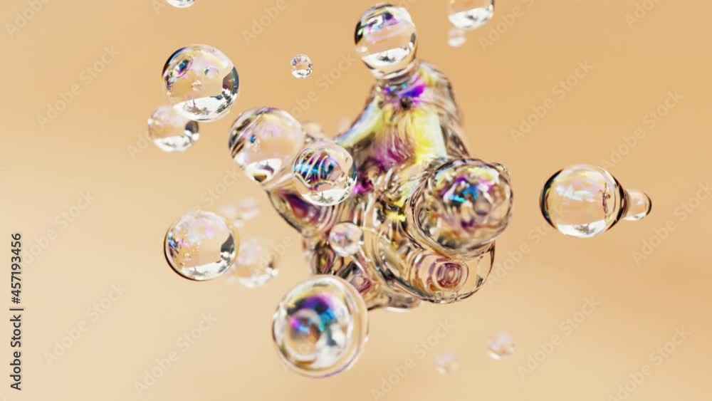Poster liquid iridescent transparent clean soapy animated metaball or organic floating spheres blobes drops