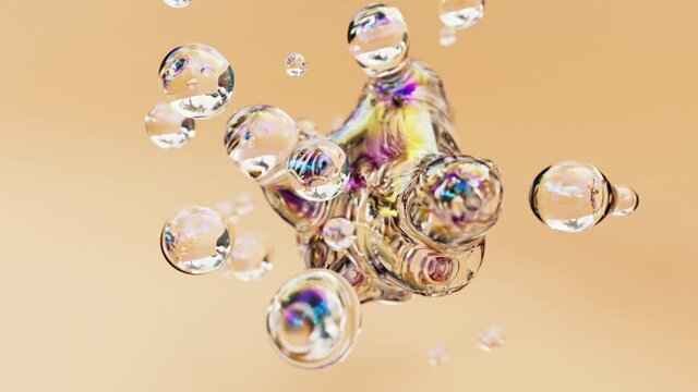 Liquid iridescent transparent clean soapy animated metaball or organic floating spheres blobes drops or bubbles 3d render abstract background. Fluid moving water clouds beautiful creative animation