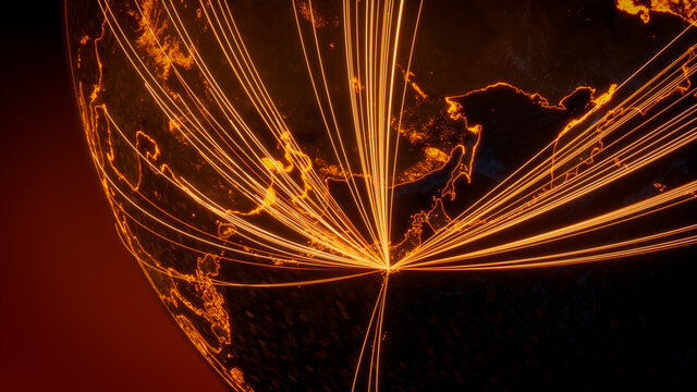 Futuristic Neon Map. Orange Lines connect Tokyo, Japan with Cities across the Planet. Global Travel or Networking Concept.