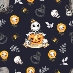Watercolor seamless pattern for packaging and design on the theme of Halloween, pattern in black tones, skulls, horror, horror stories, monsters 