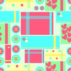 Buttons and scrapbook paper with hearts and shape seamless pattern