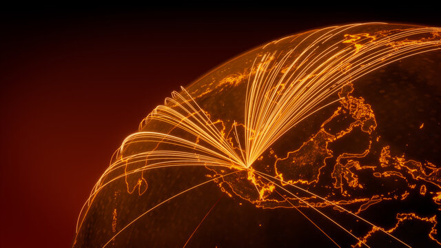 Futuristic Neon Map. Orange Lines connect Singapore,  with Cities across the Planet. International Travel or Communication Concept.