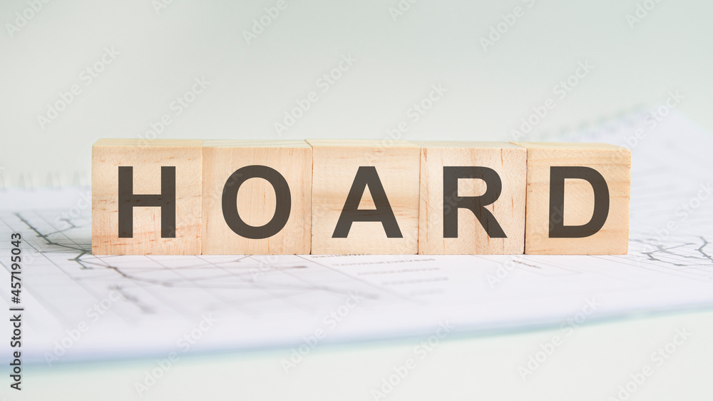 Fototapete hoard is written on light wooden blocks. the word is located on a sheet with charts and graphs