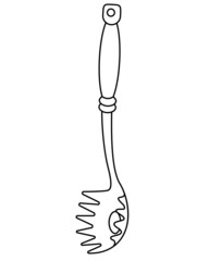 Spaghetti spoon - vector linear illustration for coloring. Outline. Spoon with prongs and spaghetti hole Kitchen tool for coloring book, logo or sign.