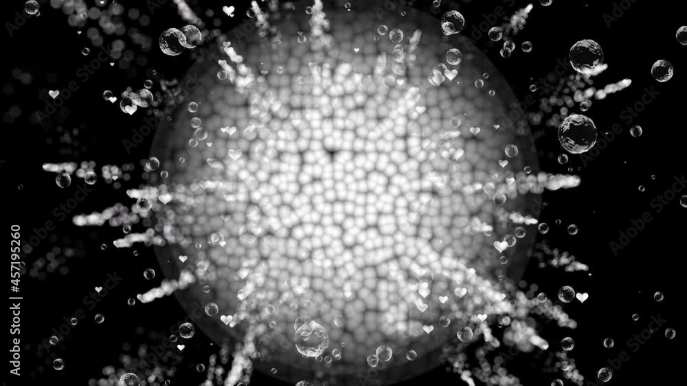 Poster an abstract snowball moves in space and emits particles in the form of bubbles and hearts that leave