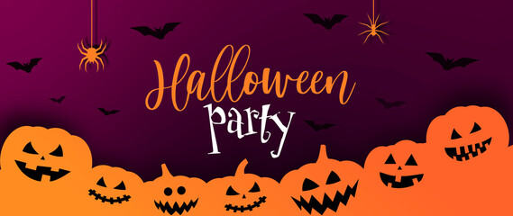 Оrange pumpkins cut out of paper. Рurple background with bats